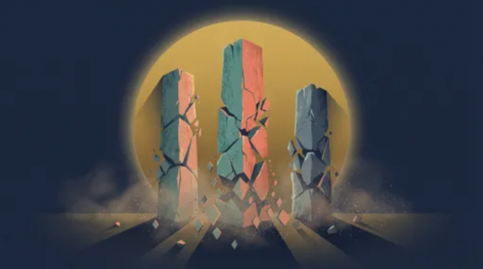 Flat illustration of three crumbling pillars against navy background with rising gold sun representing collapsed Bitcoin narratives