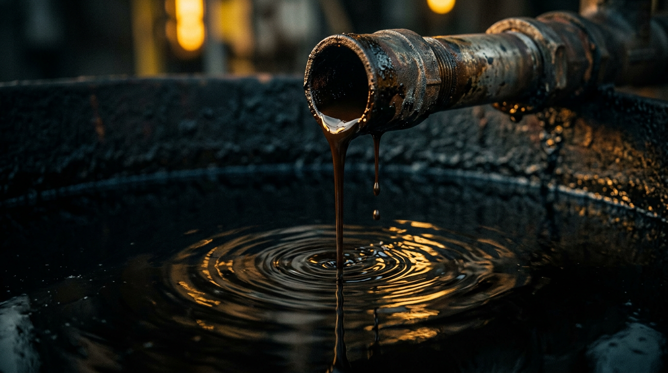 Close-up of crude oil dripping from industrial pipe with golden reflections, representing decades of crisis-driven financial infrastructure evolution