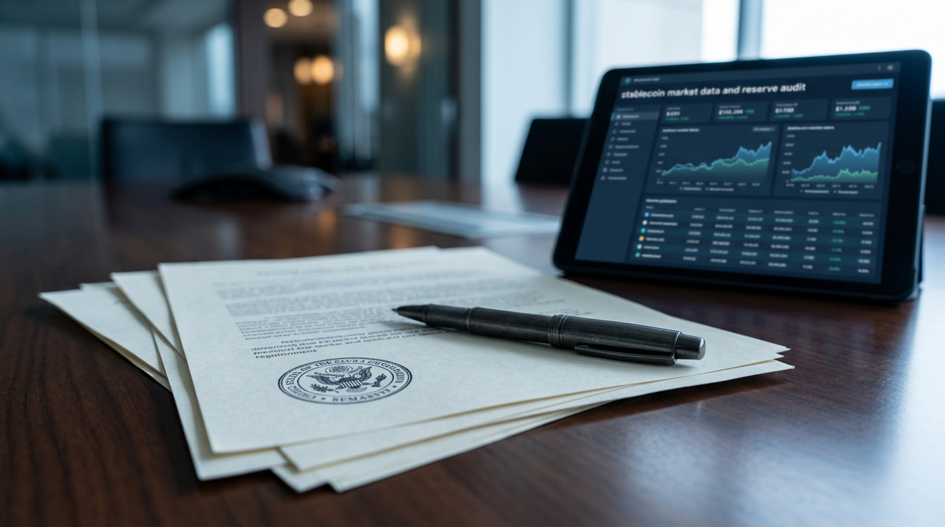 Government regulatory documents with official seal on conference table next to tablet displaying stablecoin market data