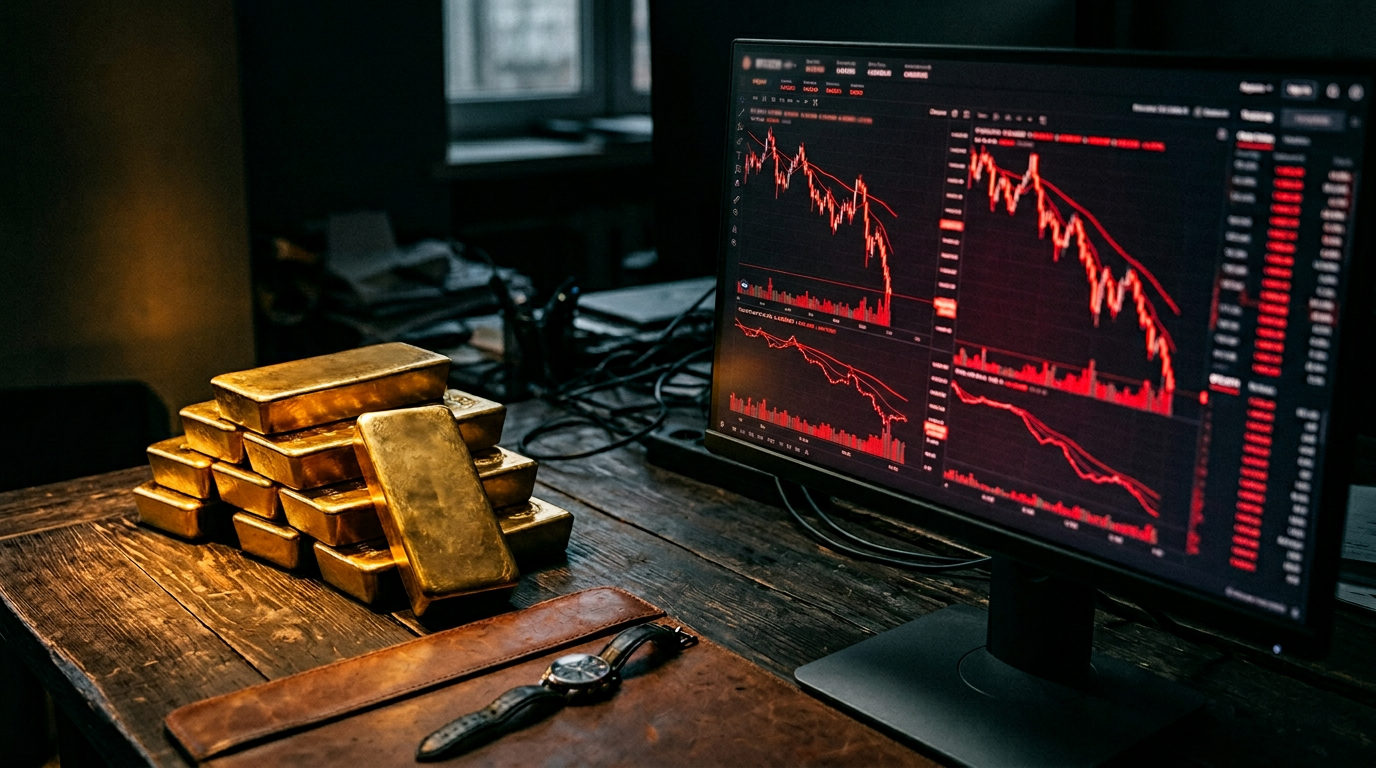 Gold bullion bars reflecting warm light next to trading screen showing red cryptocurrency price decline, illustrating crisis divergence