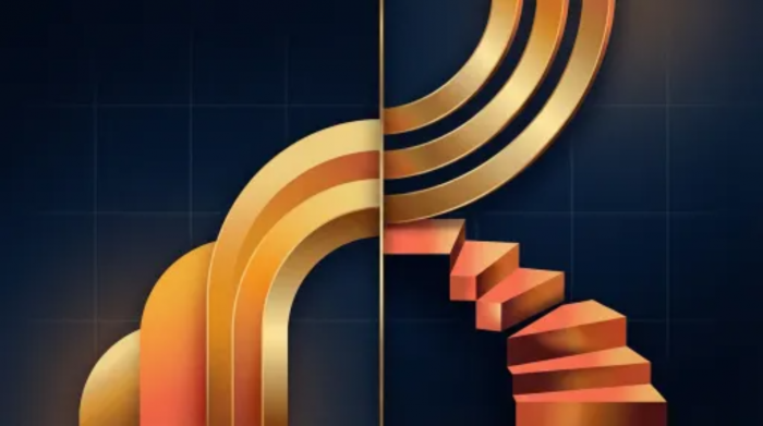 Flat illustration split by gold line showing 1970s rising curves and 2026 descending staircase representing historical fear trade comparison