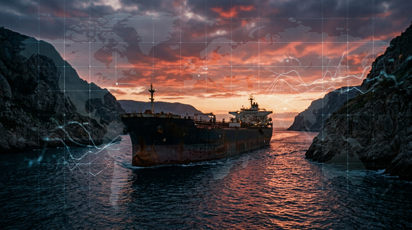 Oil tanker in narrow strait at dusk with digital financial data overlay, representing the Hormuz crisis chain reaction from geopolitics to crypto payments