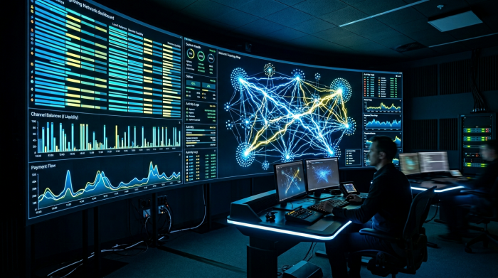Futuristic control room with Lightning Network node dashboard showing channel balances and payment flows