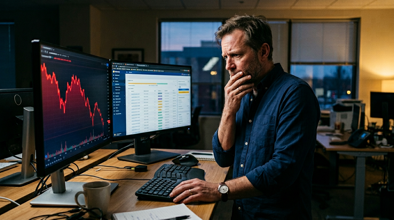 Worried e-commerce business owner viewing sharp red crypto price decline and pending orders on dual monitors during geopolitical shock