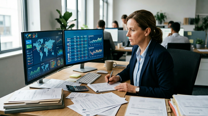 E-commerce business owner reviewing import cost spreadsheets and currency exchange rates on dual monitors with customs documents