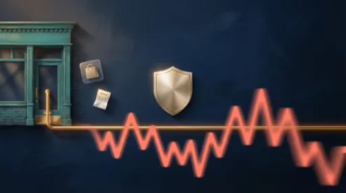 Flat illustration of storefront with stable gold line versus volatile coral zigzag representing stablecoin vs Bitcoin payment stability