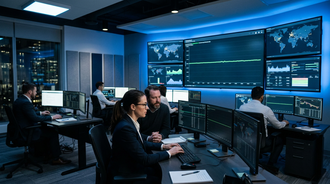 Fintech compliance operations room with analysts monitoring stablecoin reserve data and stable green price lines on wall screens