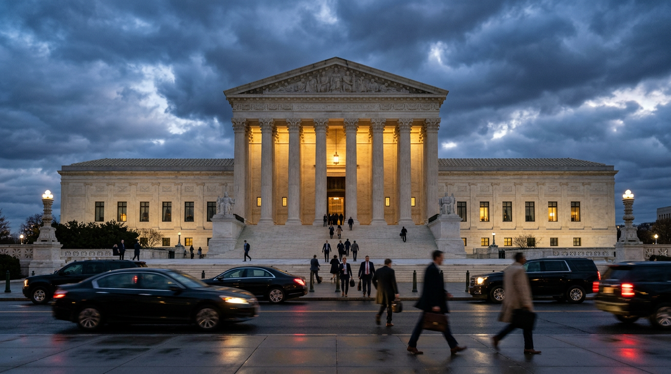 United States Supreme Court building at twilight with dramatic clouds and blurred motion of officials, representing tariff policy urgency