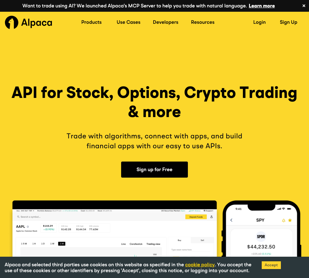 Alpaca Markets homepage showing API for stock, options, and crypto trading with MCP Server announcement banner