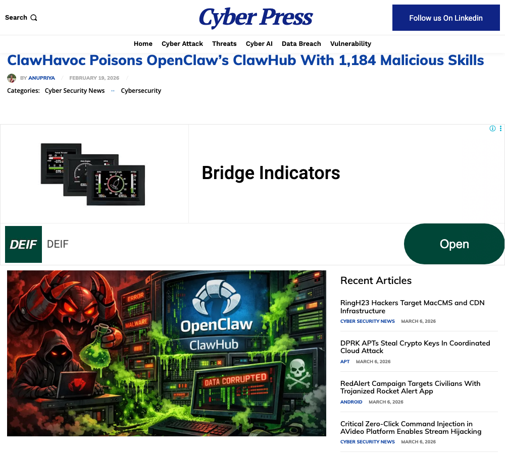 CyberPress security report on ClawHavoc supply chain attack that poisoned ClawHub with 1184 malicious OpenClaw skills