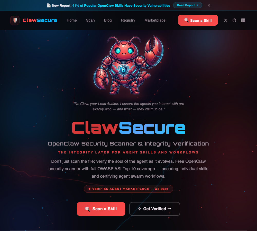 ClawSecure security scanner for OpenClaw skills showing integrity verification and threat detection interface
