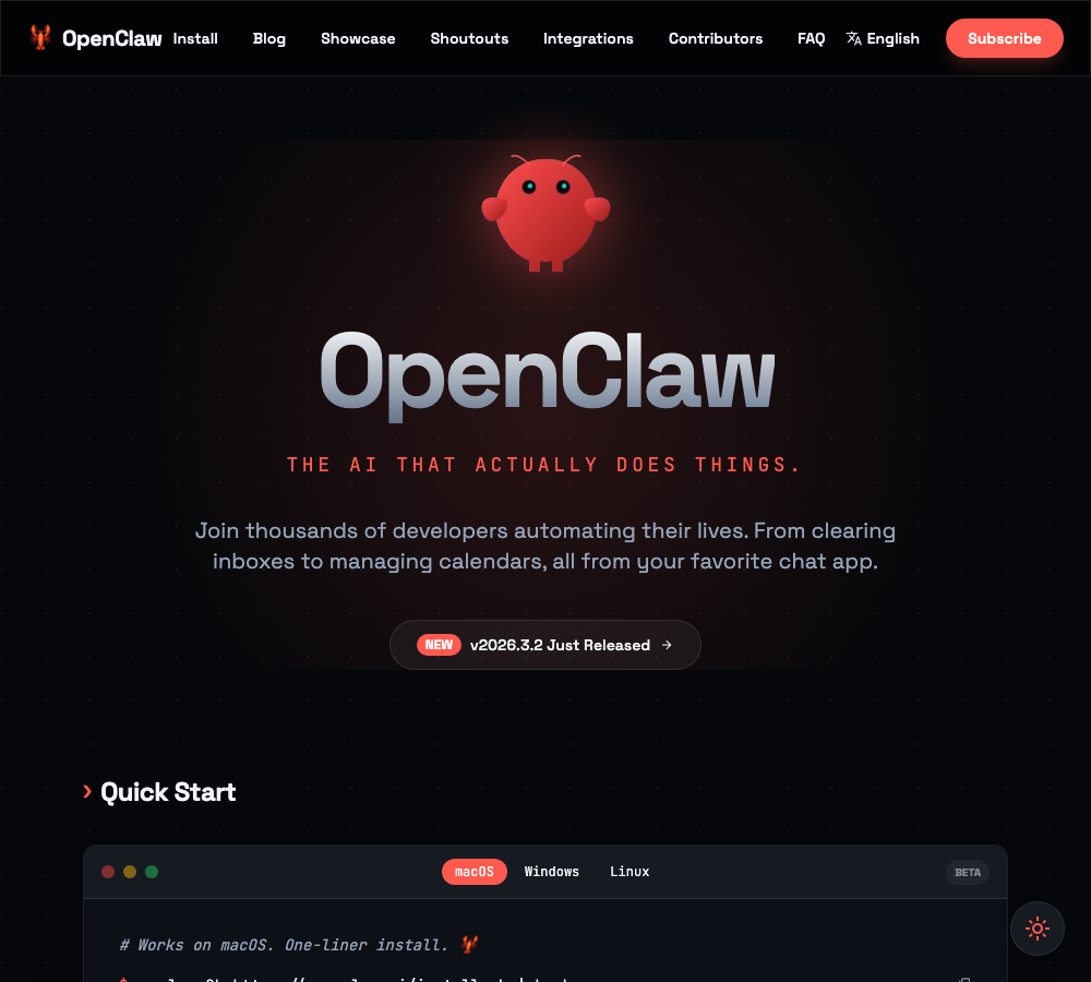 OpenClaw official website showing the AI agent platform homepage with Quick Start installation guide