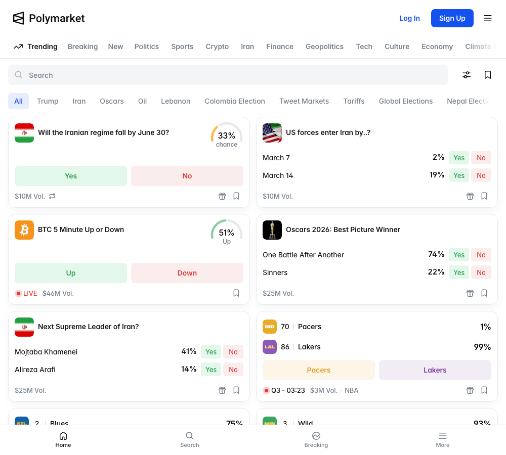 Polymarket prediction market interface showing live YES/NO trading markets for geopolitics, crypto, sports and entertainment