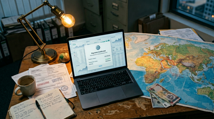 Merchant desk with laptop showing stablecoin payment confirmation alongside international shipping documents and world map