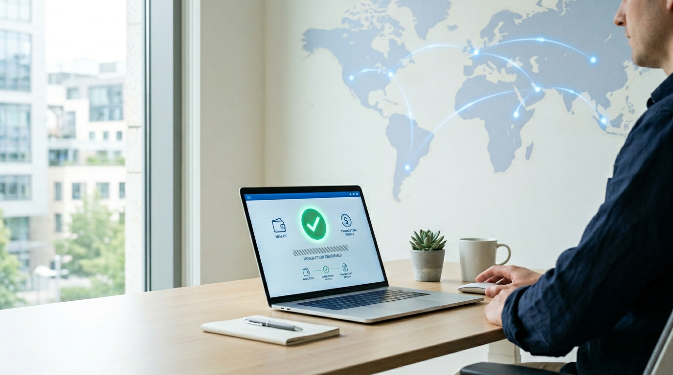 Minimalist workspace with laptop showing successful cross-border stablecoin payment confirmation and world map with connection lines
