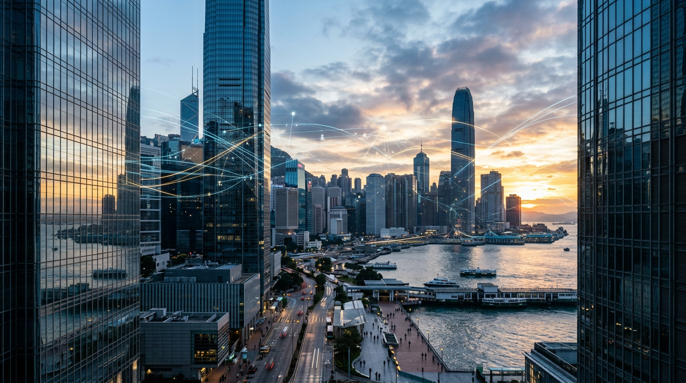 Global financial district skyline at dawn with digital network connections between buildings, representing stablecoin settlement as new financial infrastructure