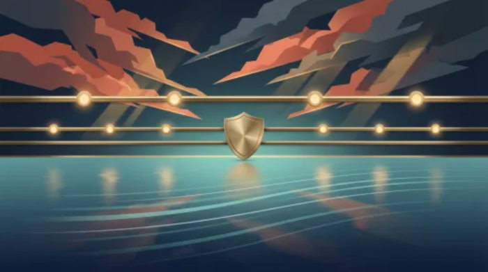 Flat illustration of calm teal ocean with golden rails cutting through turbulent coral sky representing stablecoin settlement during market fear