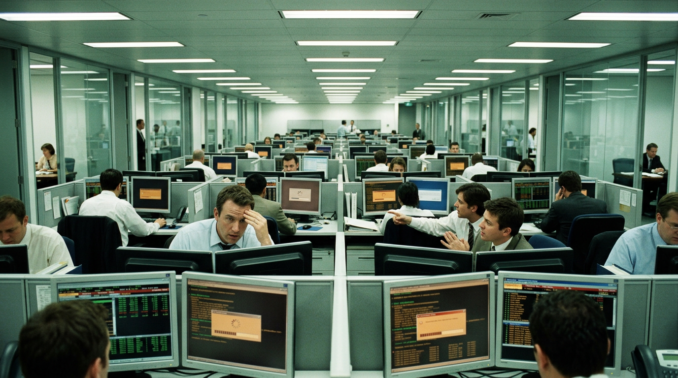 International bank operations floor with terminal screens showing amber warning indicators and processing delays during sanctions stress