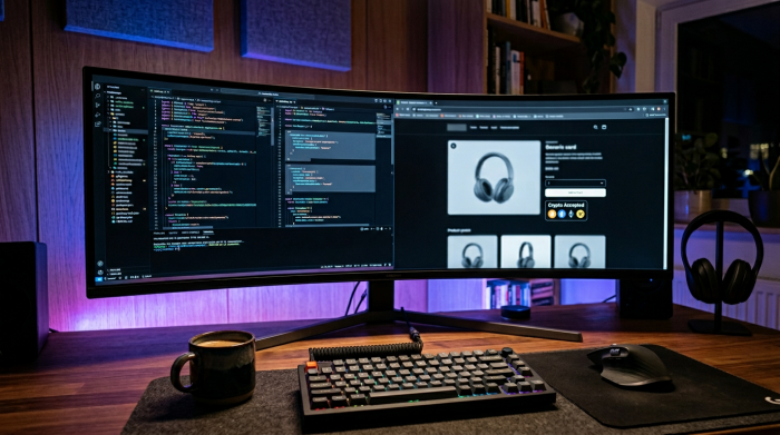 Developer workspace with code editor and Shopify store preview showing crypto payment badge