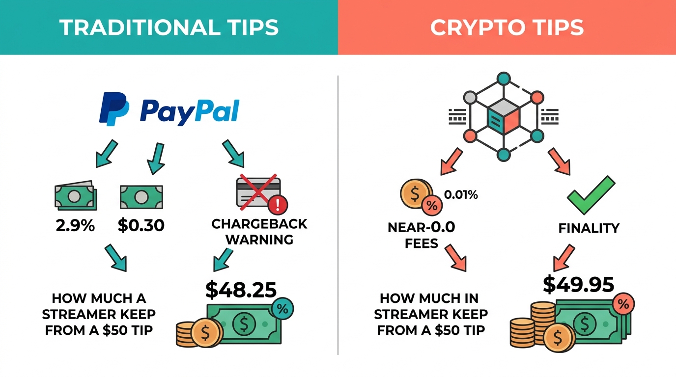 Traditional tips vs crypto tips fee comparison showing how much a streamer keeps from a $50 tip