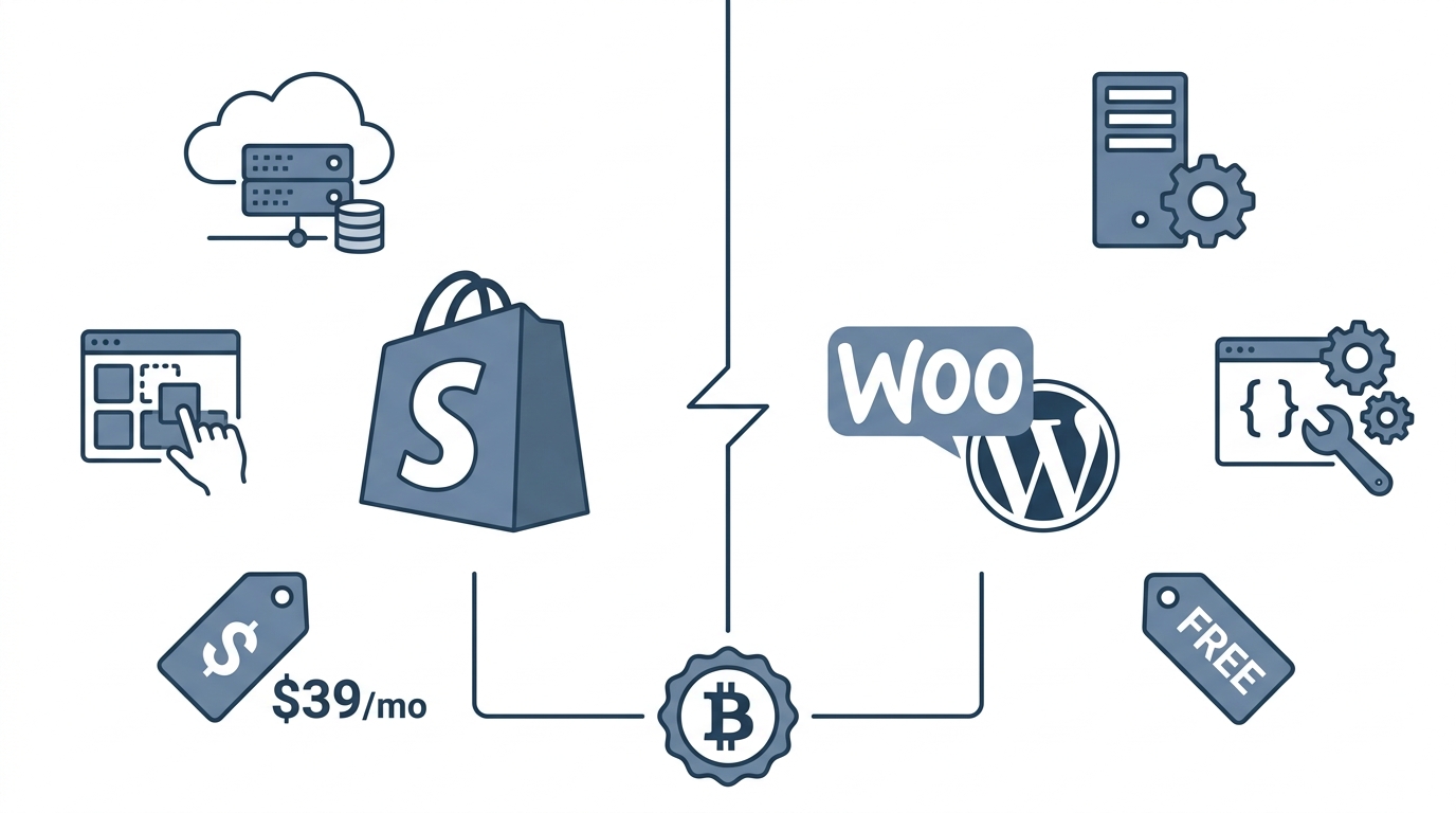 Shopify vs WooCommerce comparison for creator merch stores showing hosting, customization, and pricing differences
