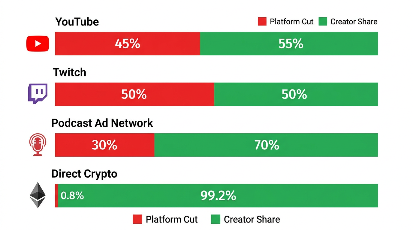 Platform revenue split comparison: YouTube 45/55, Twitch 50/50, Podcast Ad Network 30/70, Direct Crypto 0.8/99.2