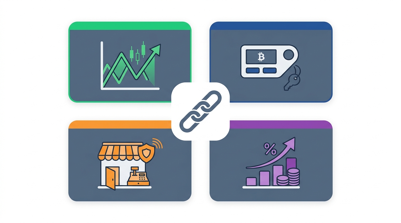 Four crypto affiliate program categories: exchanges, hardware wallets, payment gateways, and DeFi platforms