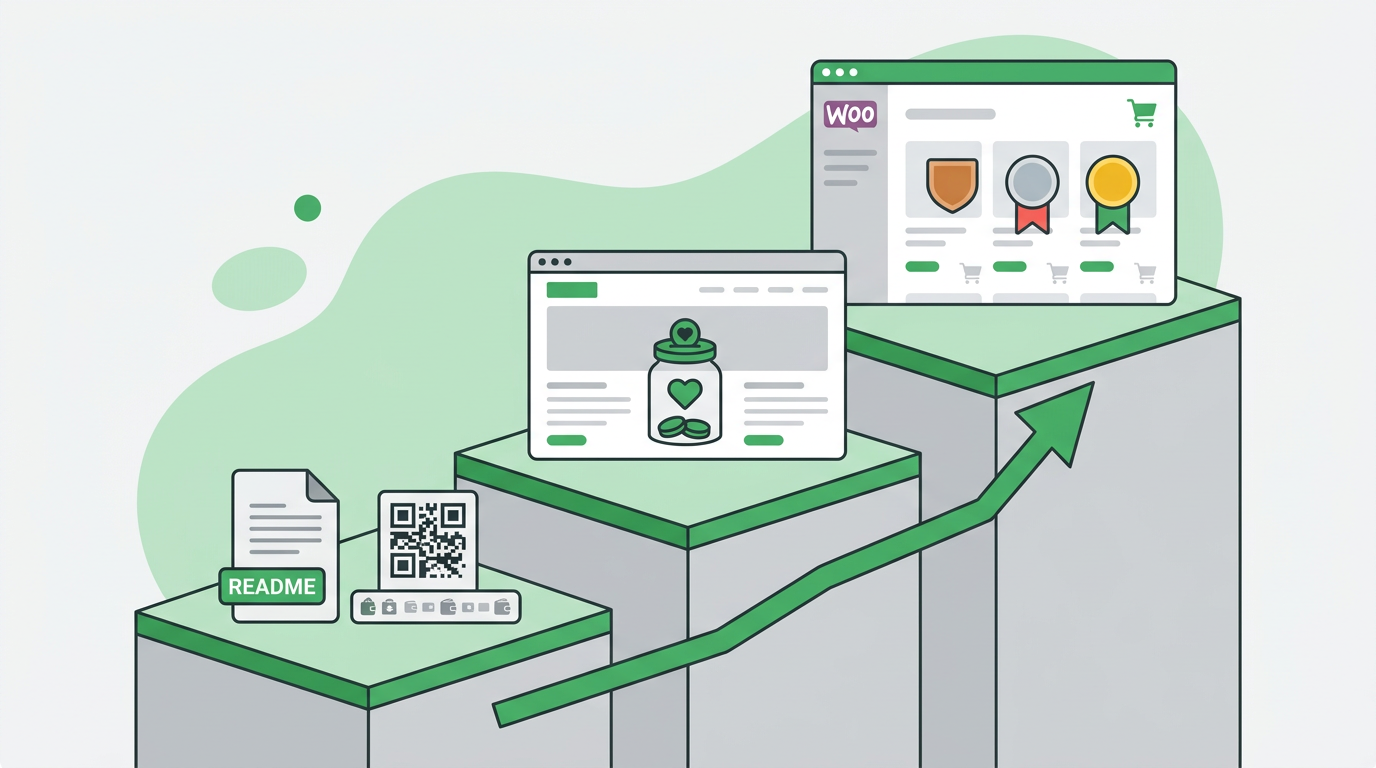 Three-tier sponsorship setup for open source projects: README wallet address, website tip jar, and WooCommerce sponsor store