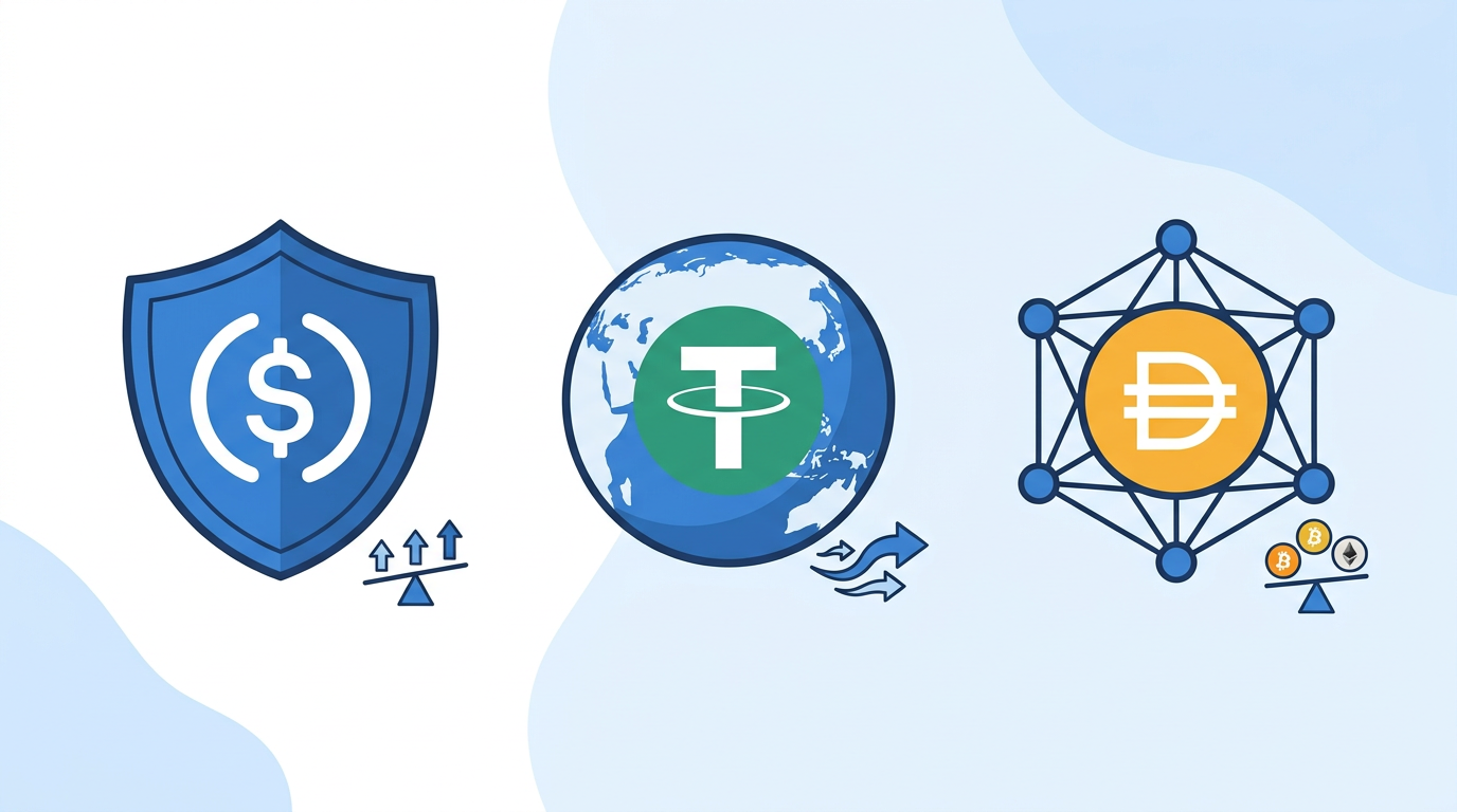 USDC, USDT, and DAI stablecoin comparison showing regulatory safety, liquidity, and decentralization strengths