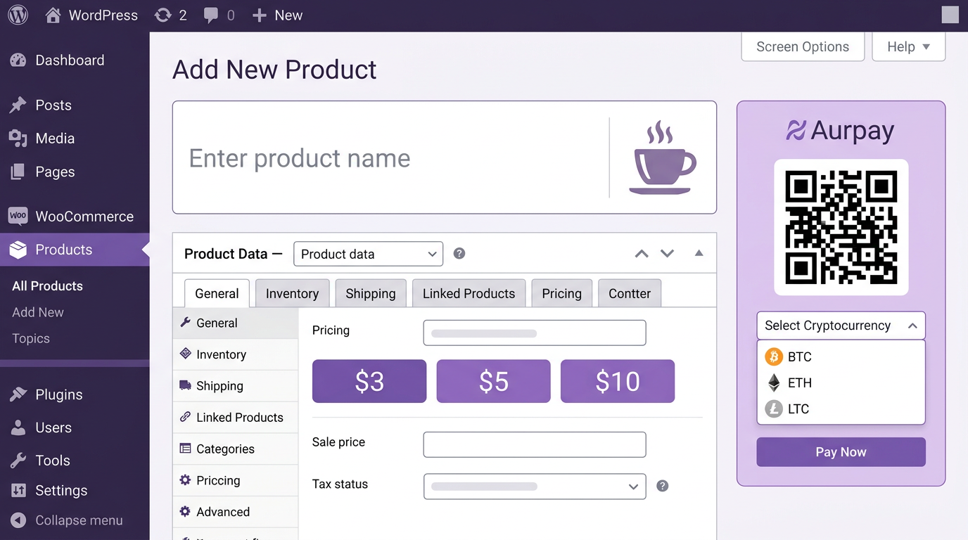 WordPress WooCommerce dashboard showing tip jar product creation with price tiers and Aurpay crypto checkout widget