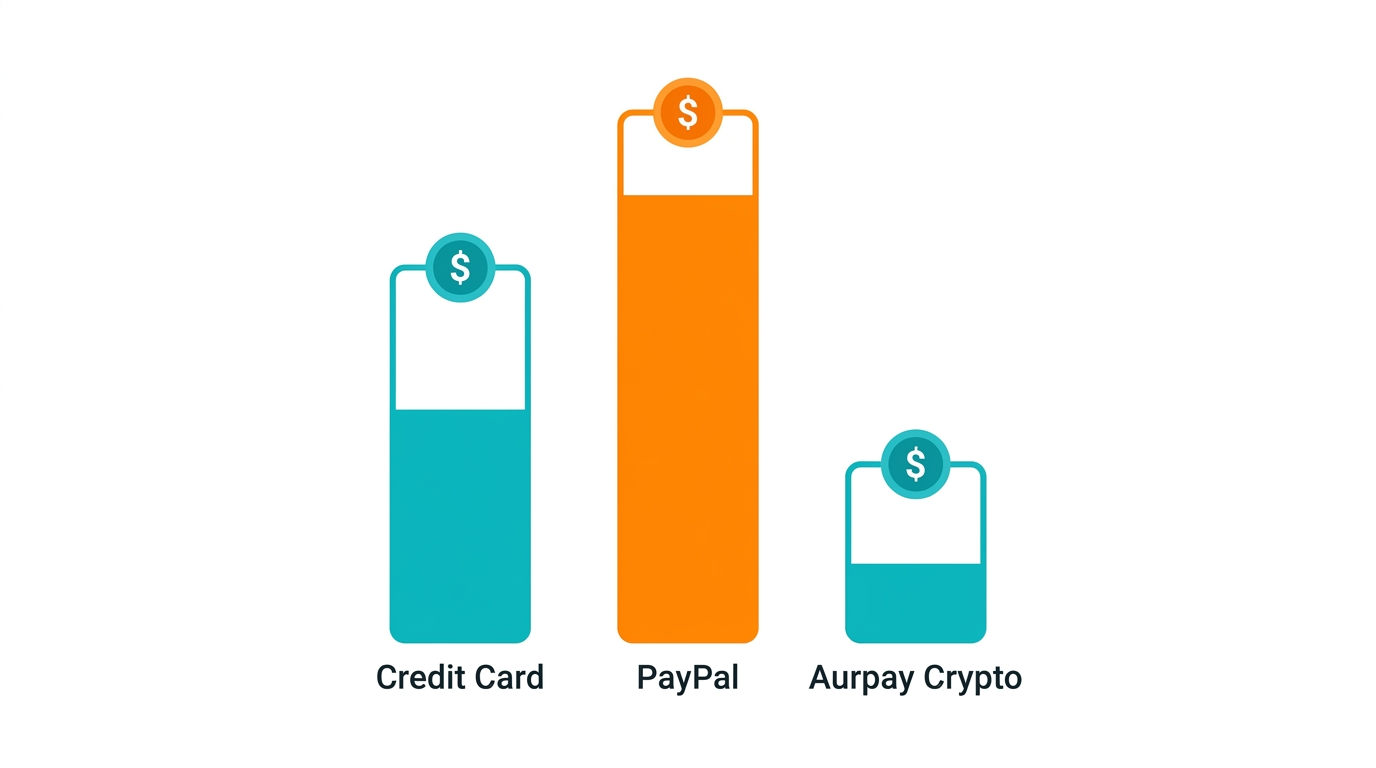 Payment processing fee comparison showing Credit Card, PayPal, and Aurpay Crypto costs on a $35 merch item