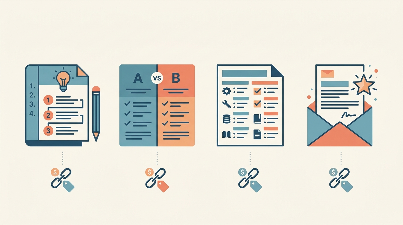 Four affiliate link integration strategies: tutorials, comparisons, resource pages, and newsletters