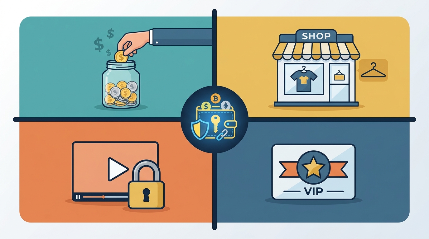 Four crypto monetization models for creators: tipping, merch sales, paid content, and community membership