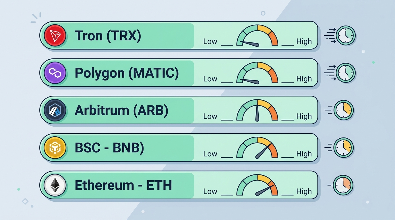 Blockchain network comparison for streaming tips showing fee levels and confirmation speeds for Tron, Polygon, Arbitrum, BSC, and Ethereum