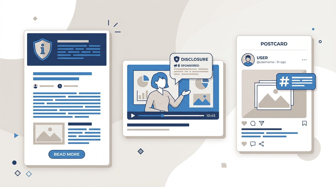 FTC disclosure formats for affiliate content: blog post banner, video disclosure, and social media hashtag